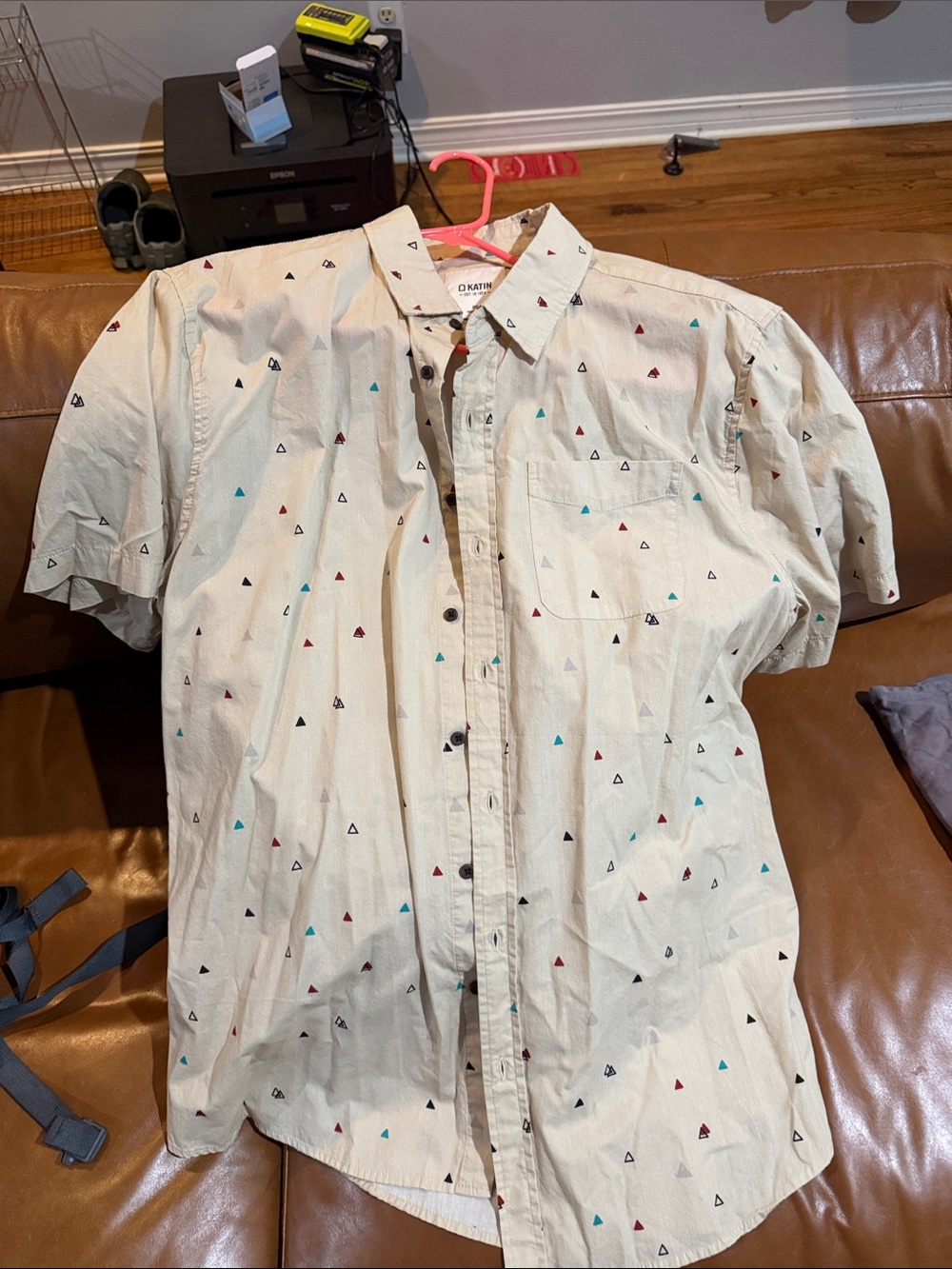 Katin Cream Short-Sleeve Button-Down Shirt with Red, Blue, Black Triangle Print